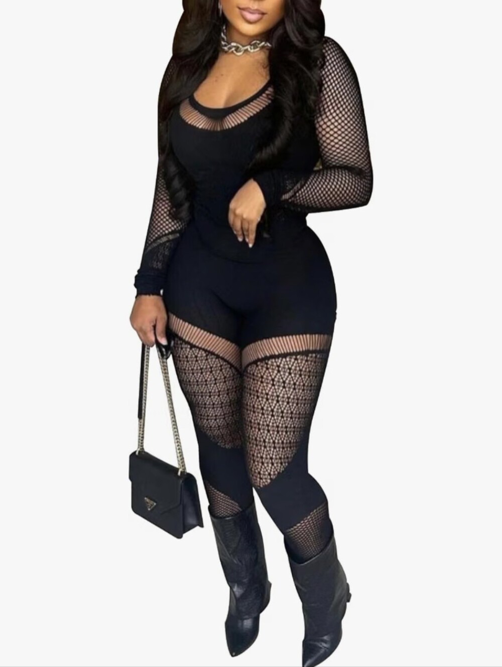 Women Mesh Jumpsuit Long Sleeve BodysuitSheer Design